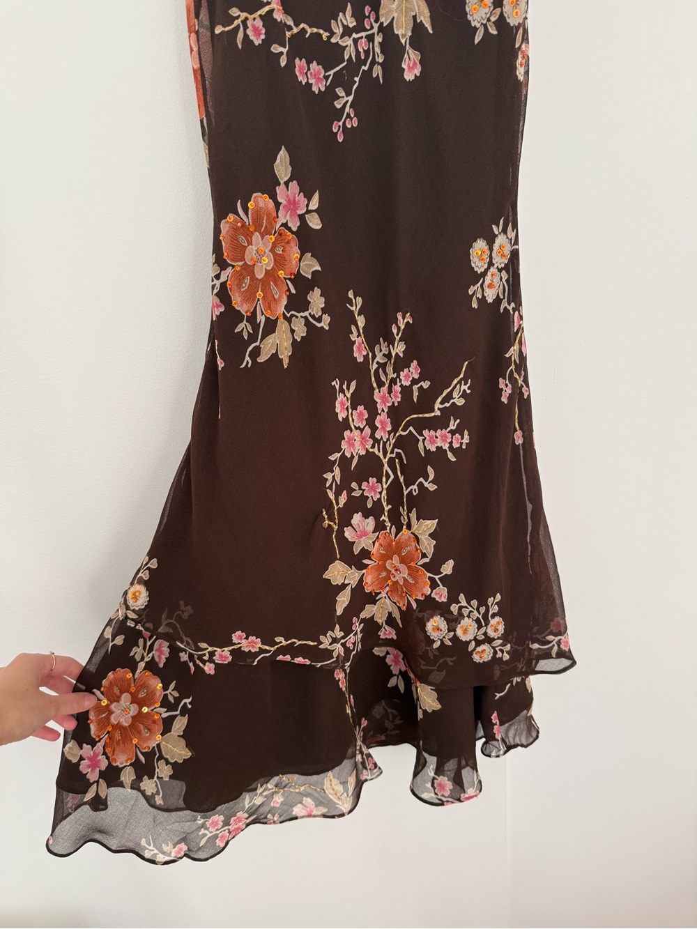 90s Inspired Chocolate Brown Floral Slip Midi Dress - Picture 3 of 5